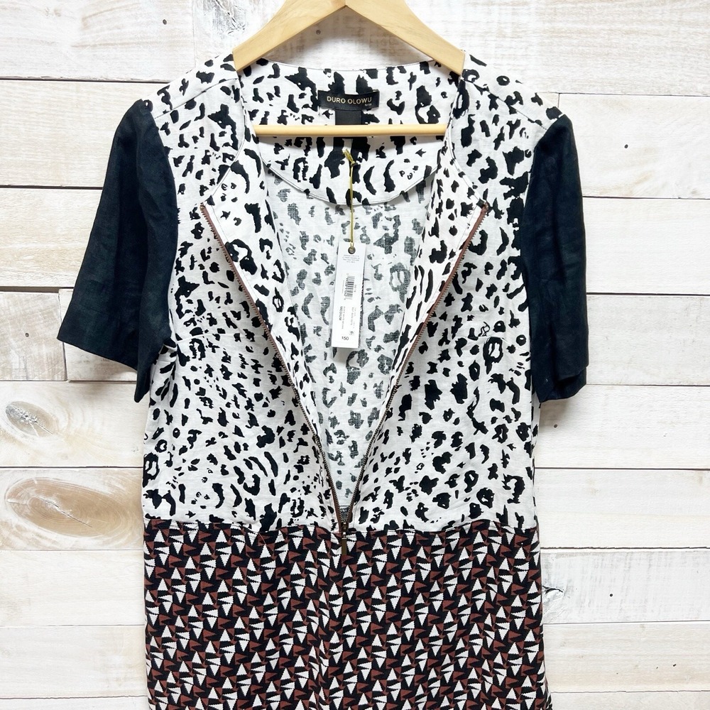 Linen Dress Womens Medium Black Brown Animal Print Boho Sheath Artsy - Picture 5 of 11